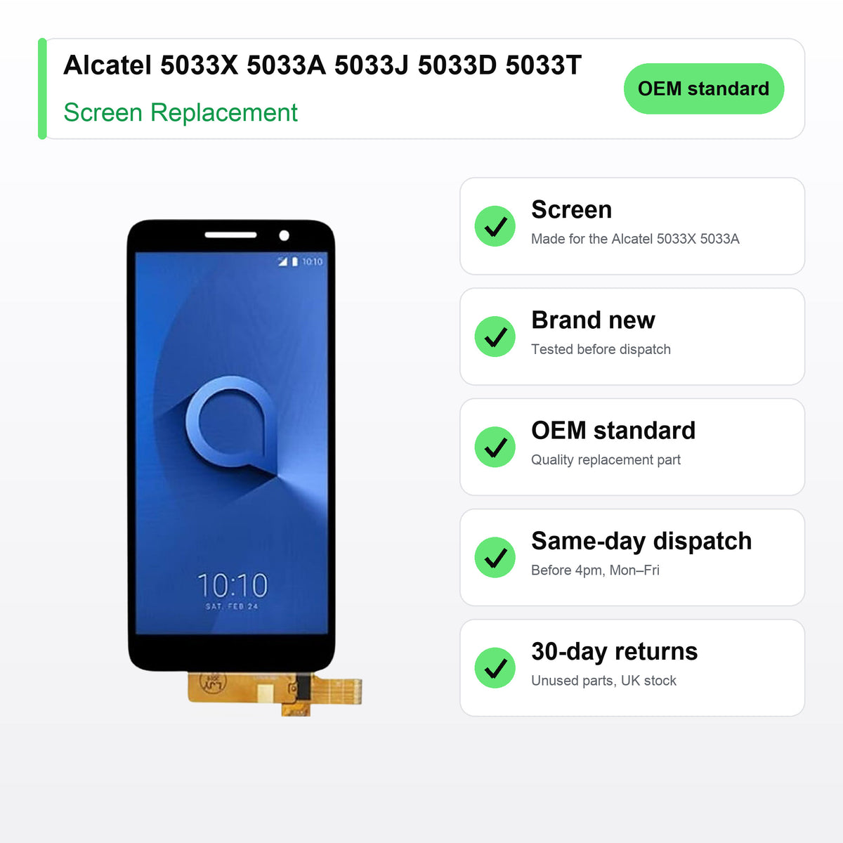 Alcatel 5033X 5033A 5033J 5033D 5033T screen key facts: brand new, tested, same-day UK dispatch