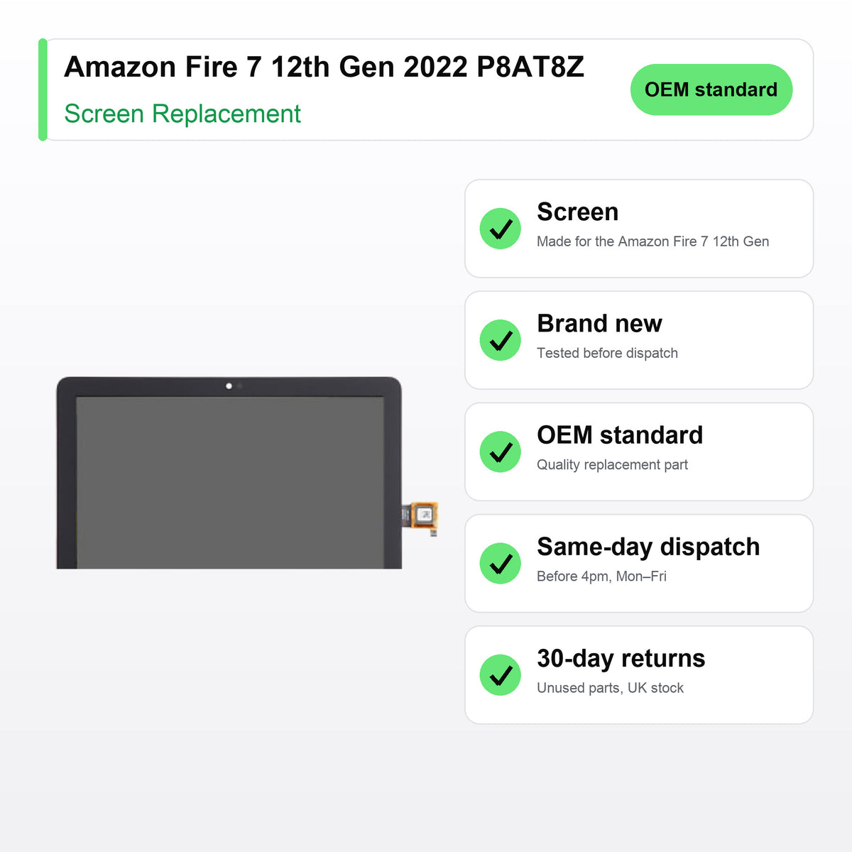 Amazon Fire 7 12th Gen 2022 P8AT8Z screen key facts: brand new, tested, same-day UK dispatch