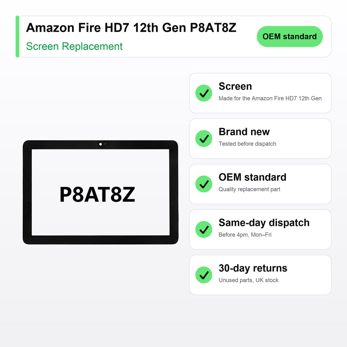 Amazon Fire HD7 12th Gen P8AT8Z screen key facts: brand new, tested, same-day UK dispatch