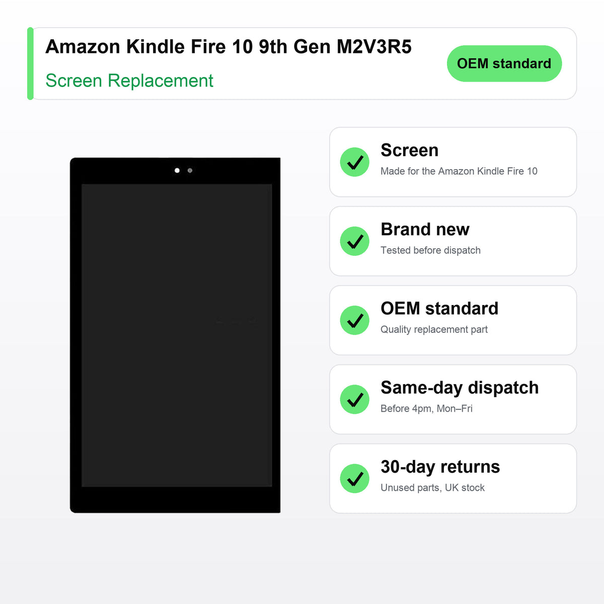 Amazon Kindle Fire 10 9th Gen M2V3R5 2019 screen key facts: brand new, tested, same-day UK dispatch