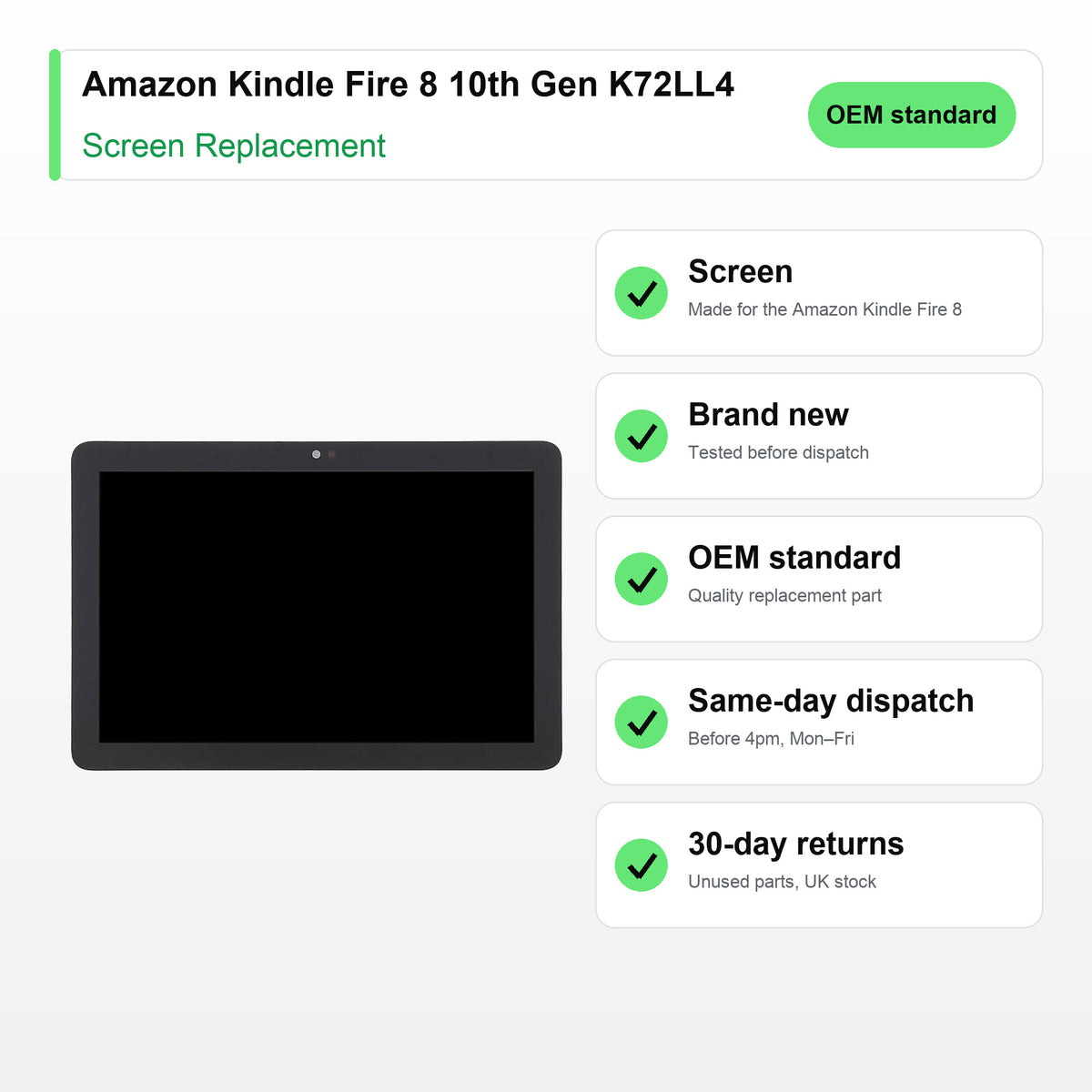 Amazon Kindle Fire 8 10th Gen K72LL4 screen key facts: brand new, tested, same-day UK dispatch