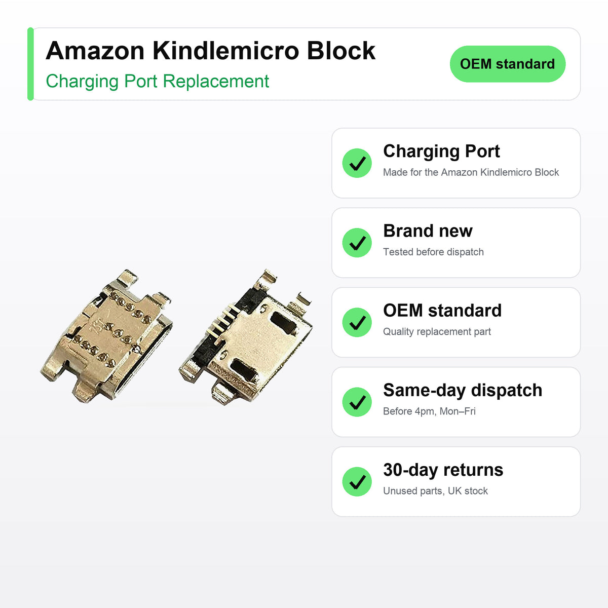 Amazon Kindlemicro Block charging port key facts: brand new, tested, same-day UK dispatch