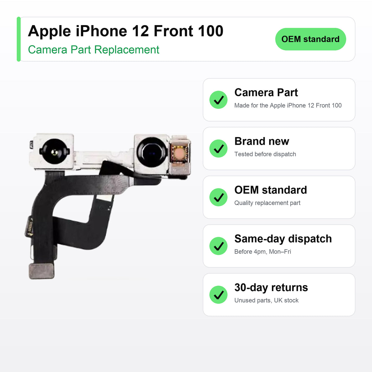 Apple iPhone 12 Front 100 camera lens key facts: brand new, tested, same-day UK dispatch