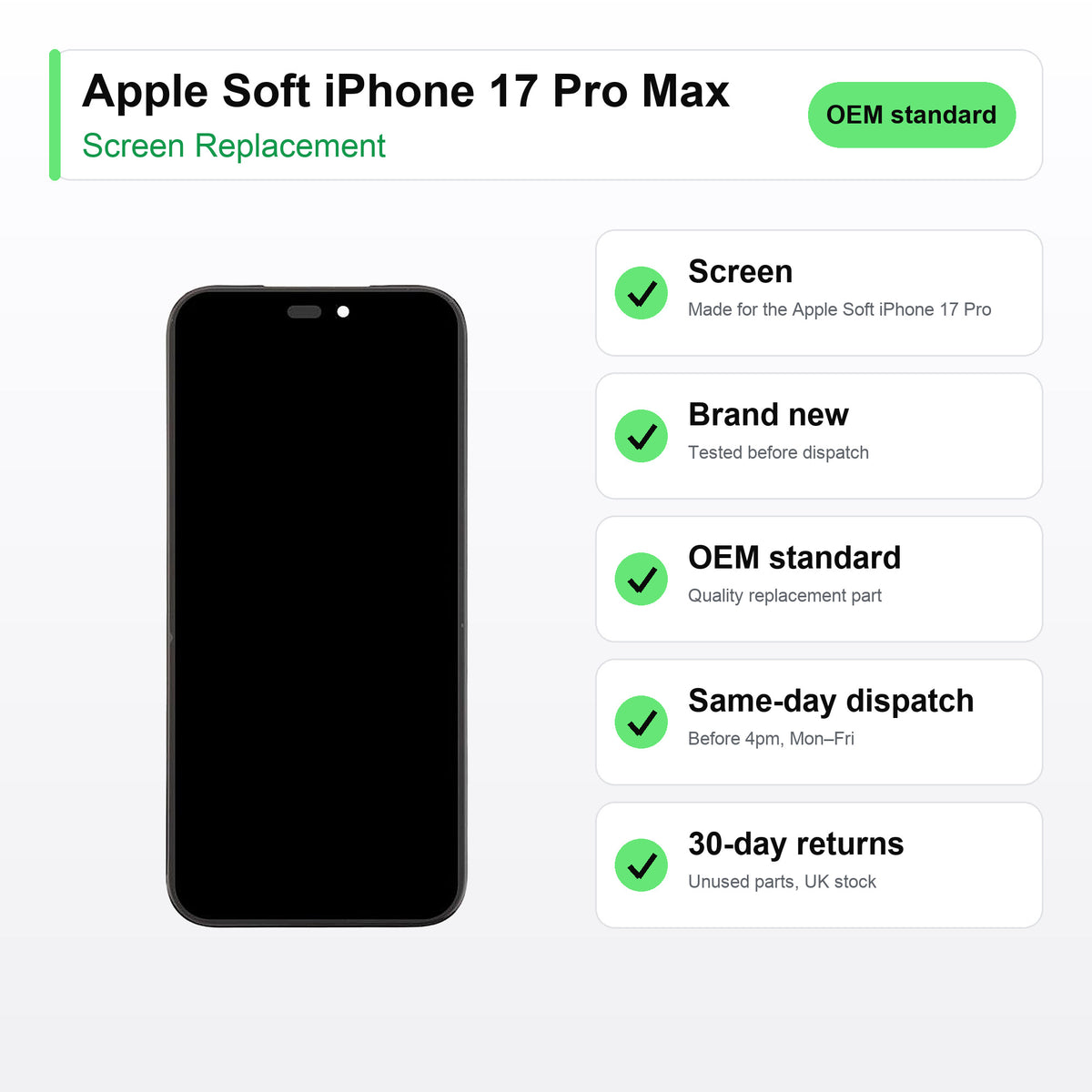 Apple Soft iPhone 17 Pro Max screen key facts: brand new, tested, same-day UK dispatch