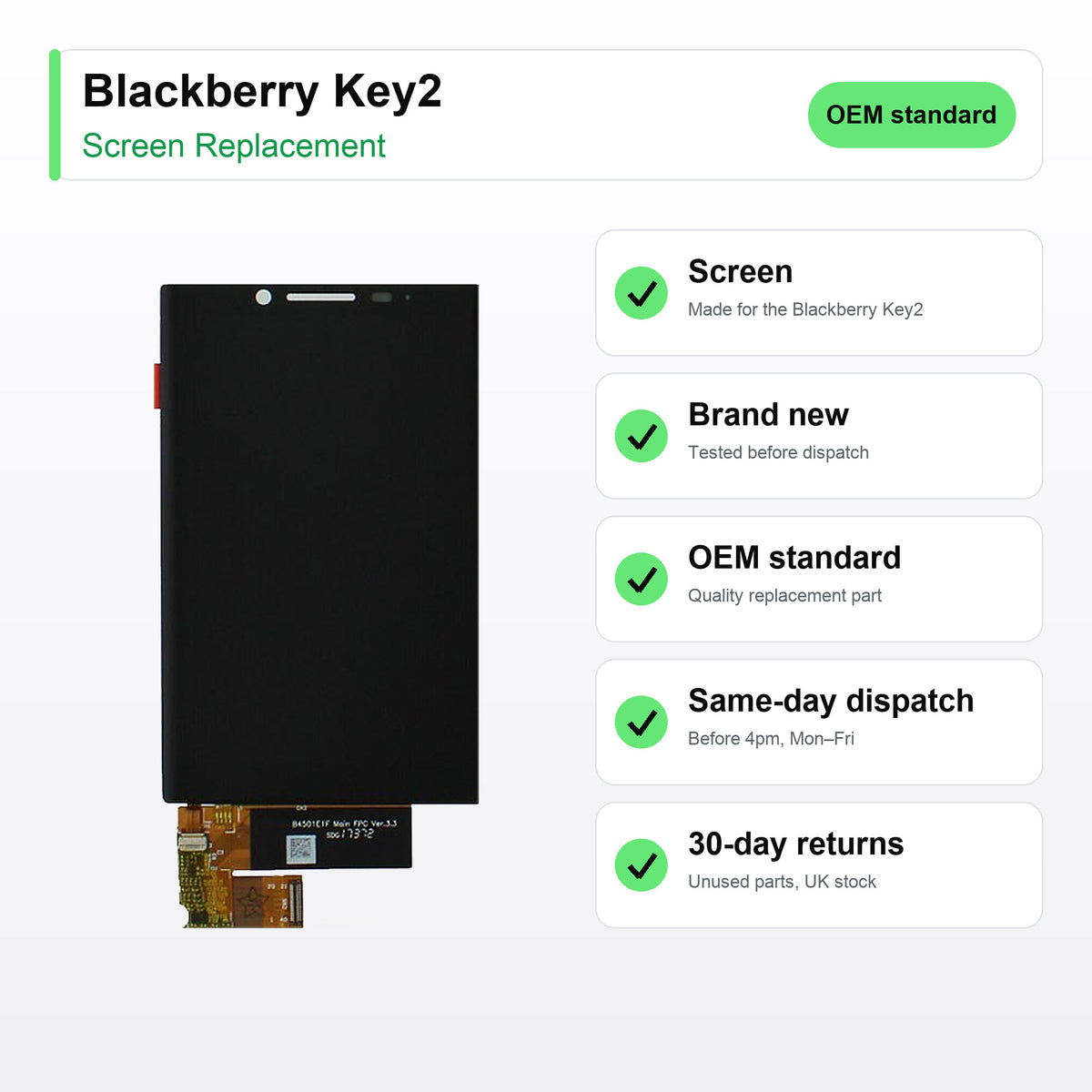 Blackberry Key2 screen key facts: brand new, tested, same-day UK dispatch