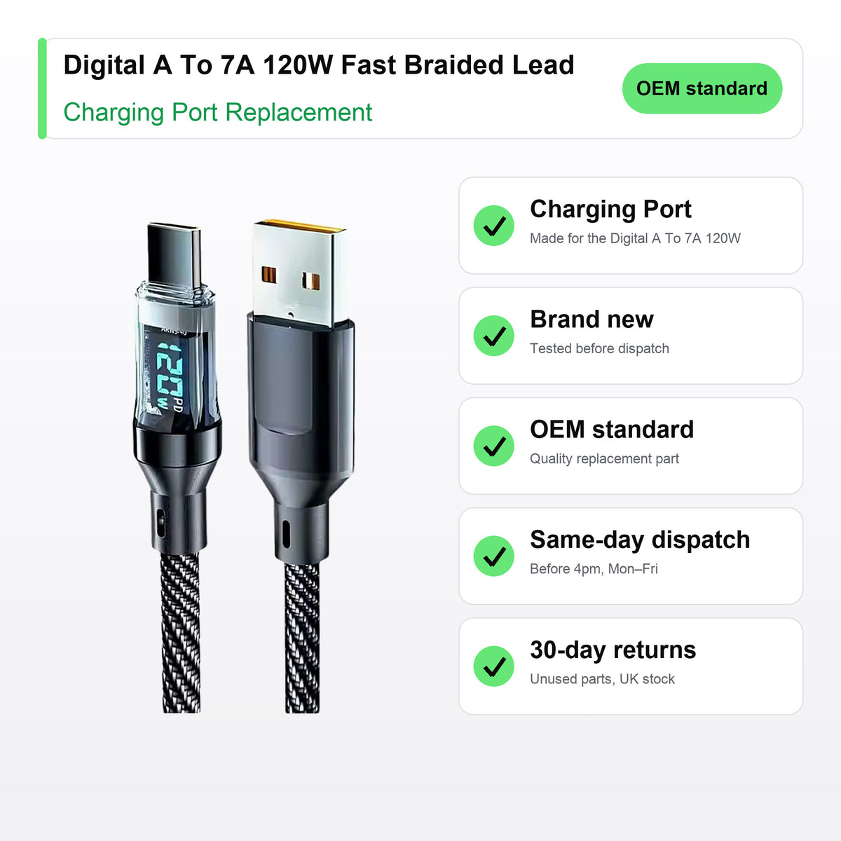 Digital A To 7A 120W Fast Braided Lead charging port key facts: brand new, tested, same-day UK dispatch