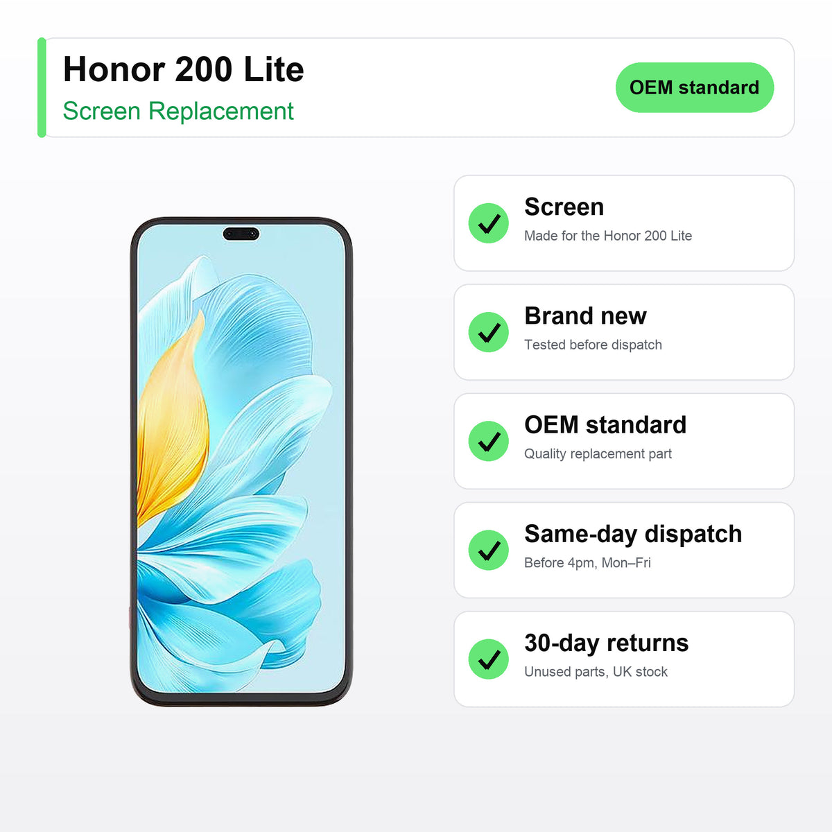 Honor 200 Lite screen key facts: brand new, tested, same-day UK dispatch