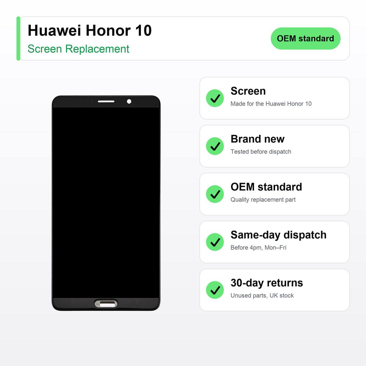 Huawei Honor 10 screen key facts: brand new, tested, same-day UK dispatch