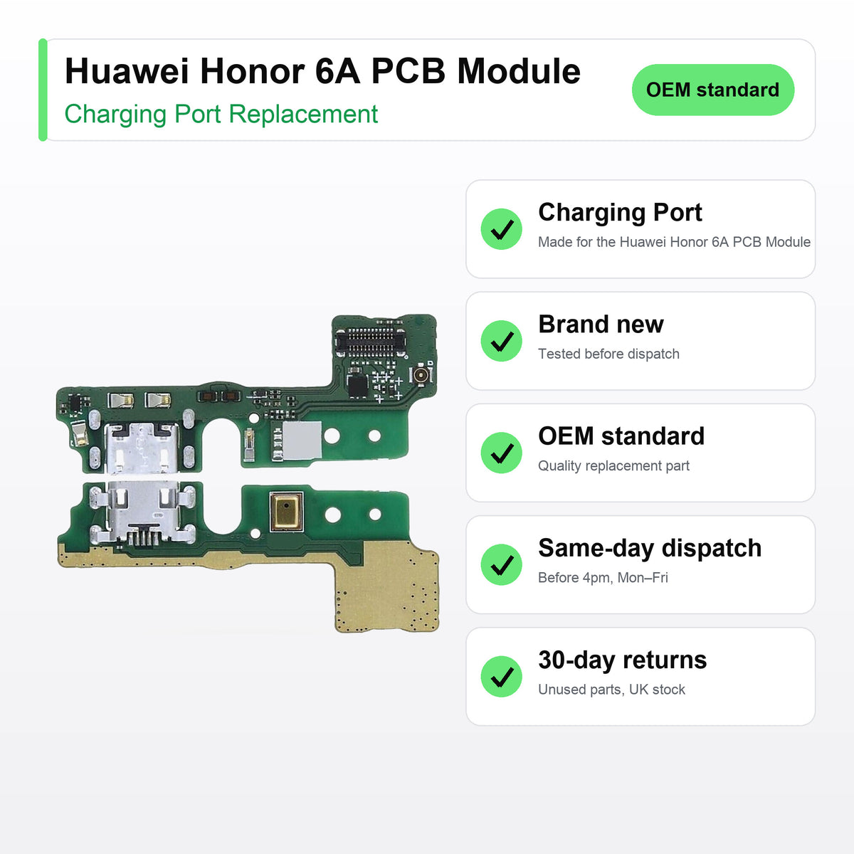 Huawei Honor 6A PCB Module charging port key facts: brand new, tested, same-day UK dispatch