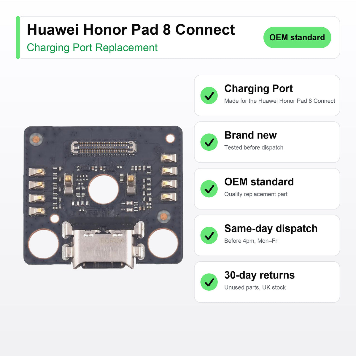 Huawei Honor Pad 8 Connect charging port key facts: brand new, tested, same-day UK dispatch