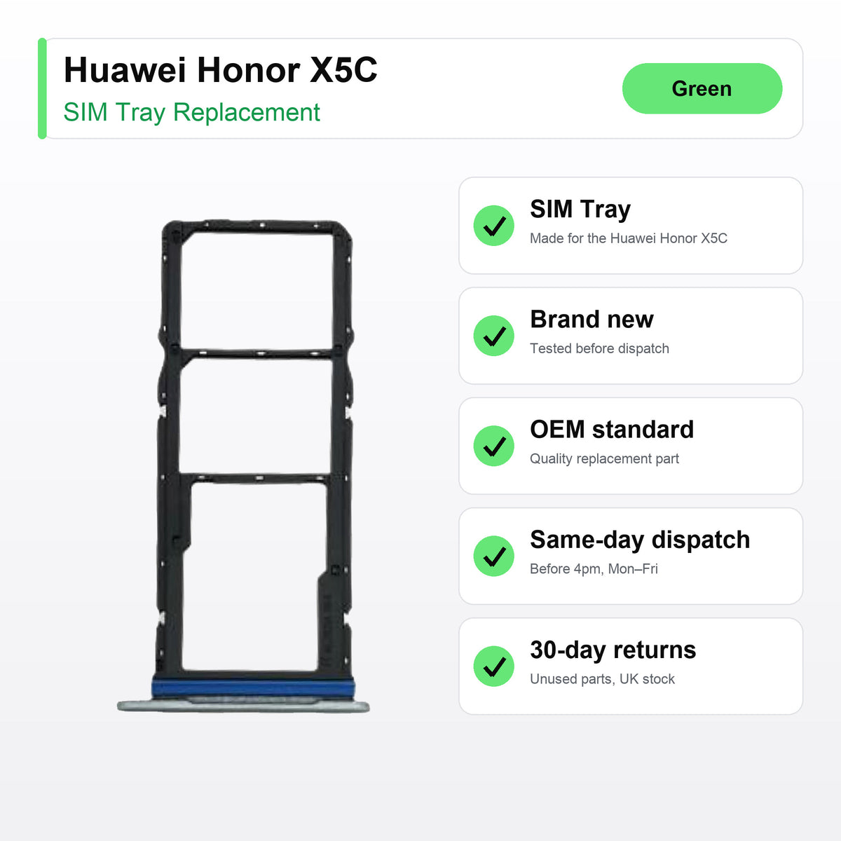 Huawei Honor X5C SIM tray key facts: brand new, tested, same-day UK dispatch