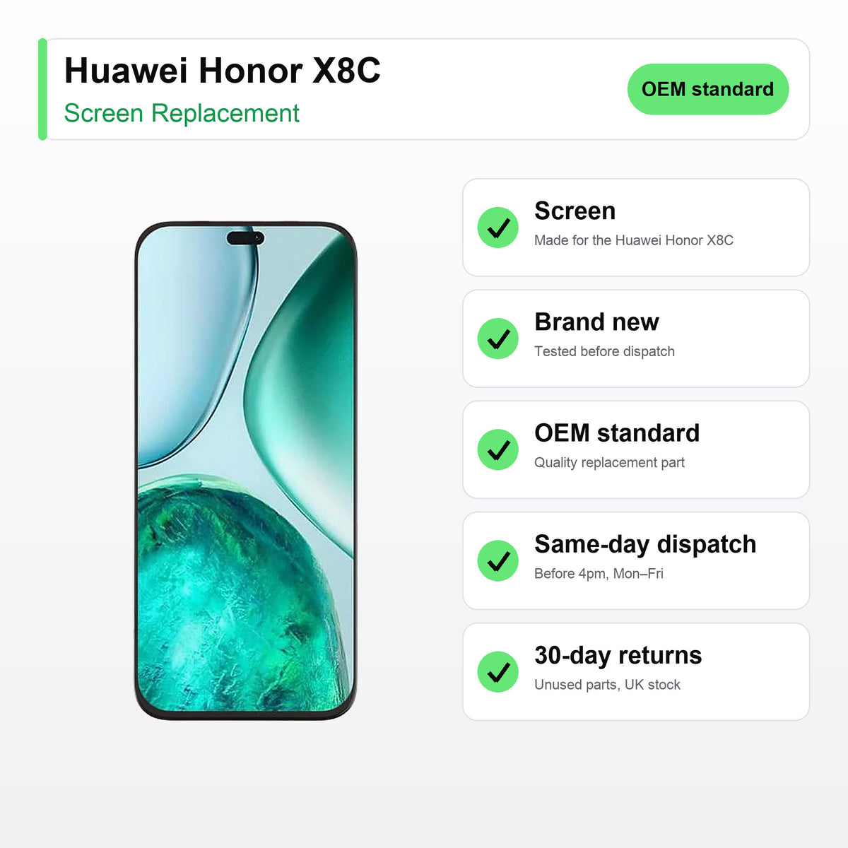Huawei Honor X8C screen key facts: brand new, tested, same-day UK dispatch