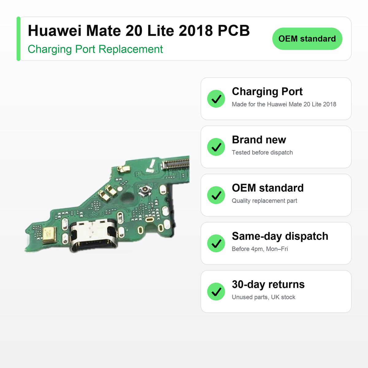 Huawei Mate 20 Lite 2018 PCB charging port key facts: brand new, tested, same-day UK dispatch