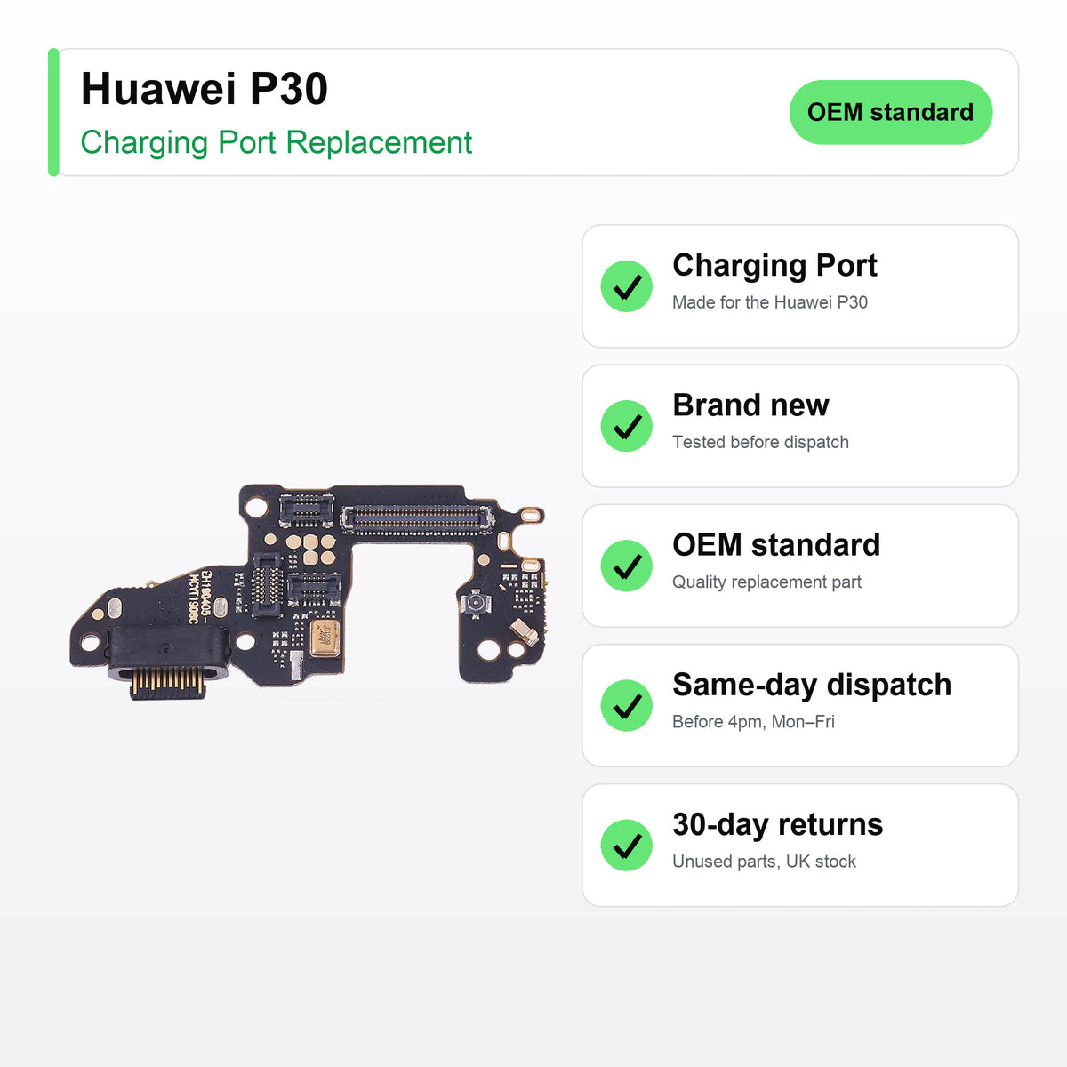 Huawei P30 charging port key facts: brand new, tested, same-day UK dispatch