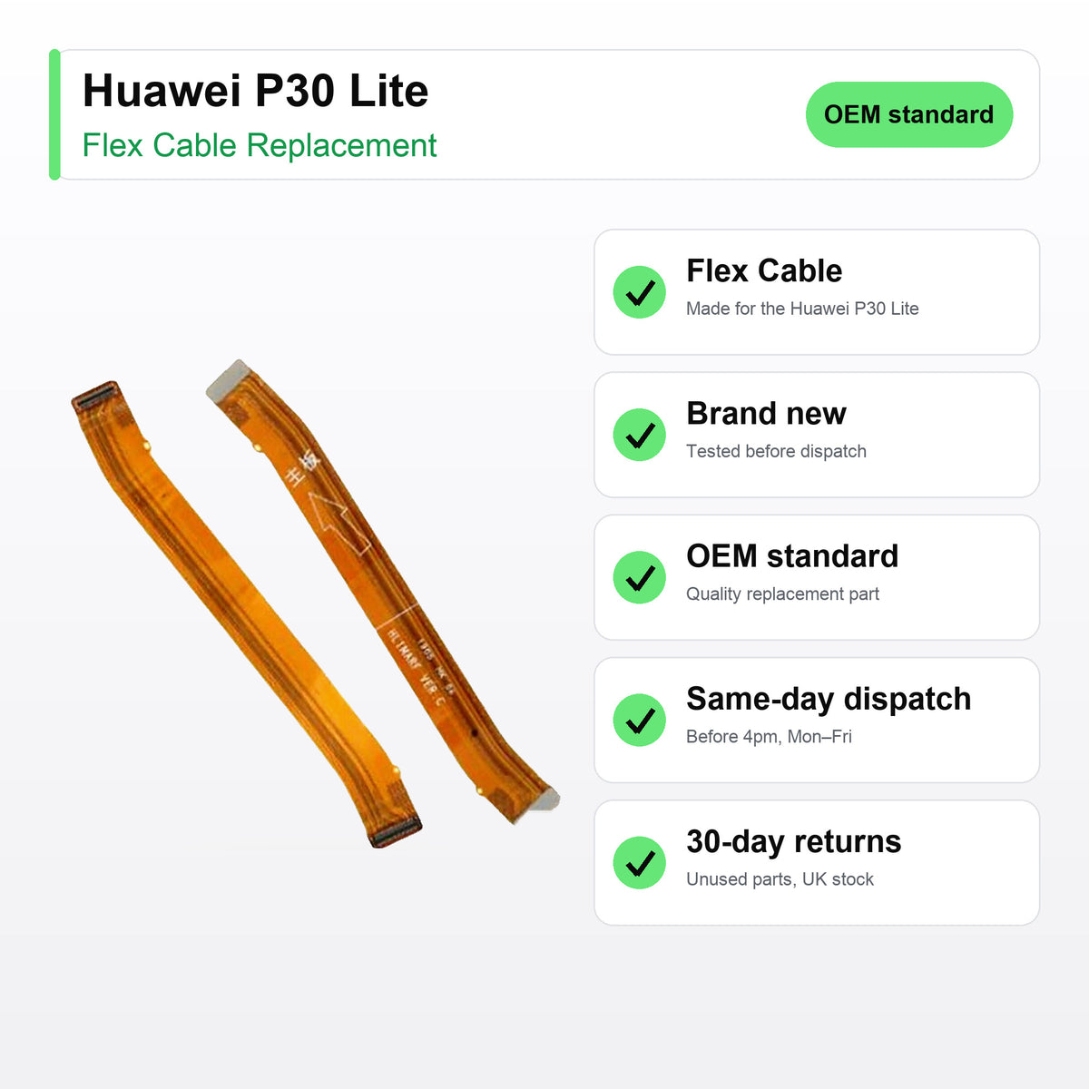 Huawei P30 Lite flex cable key facts: brand new, tested, same-day UK dispatch