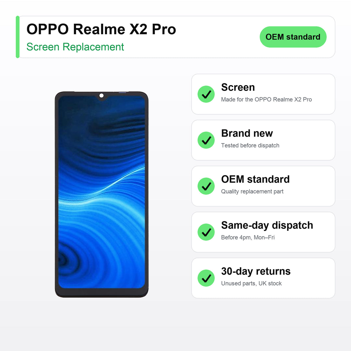 OPPO Realme X2 Pro LCD Screen and Touch Digitiser Assembly Replacement key facts