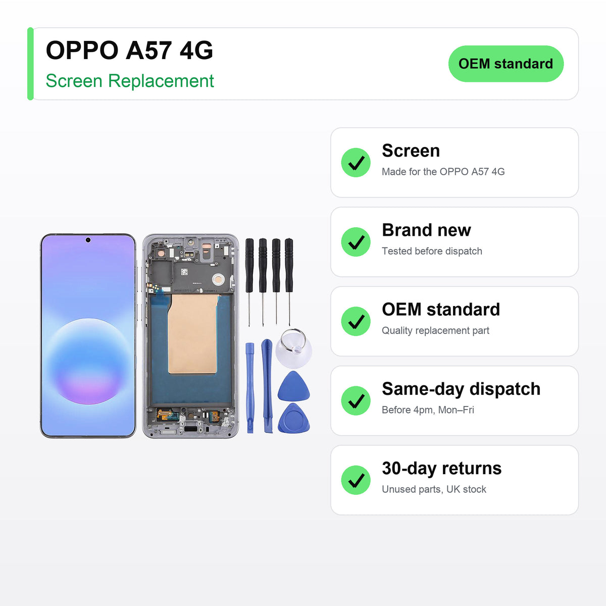 OPPO A57 4G LCD Screen and Touch Digitiser Assembly Replacement key facts