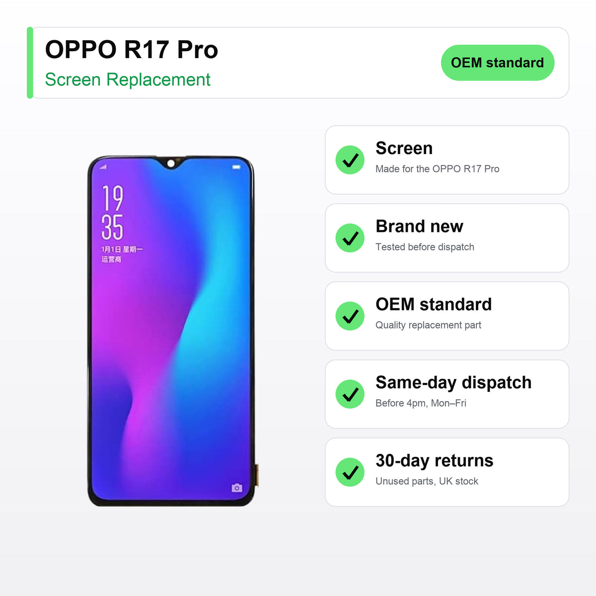 OPPO R17 Pro LCD Screen and Touch Digitiser Assembly Replacement key facts