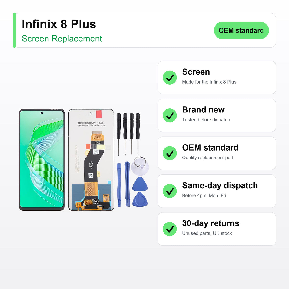 Infinix 8 Plus LCD Screen and Touch Digitiser Assembly Replacement key facts