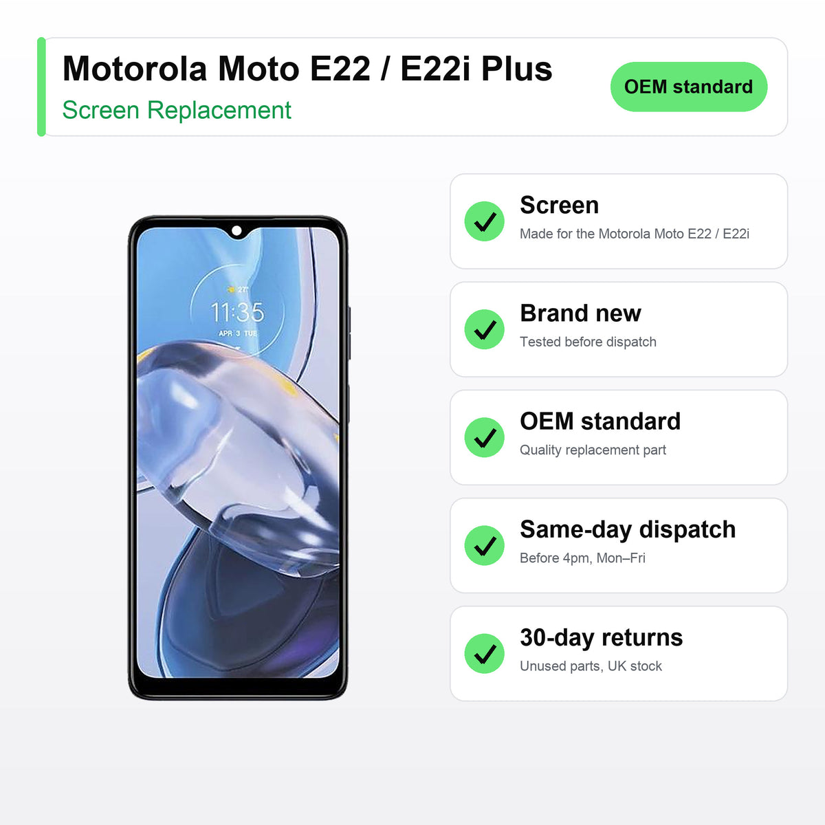 Motorola Moto E22 / E22i Plus LCD Screen and Touch Digitiser Assembly Replacement key facts
