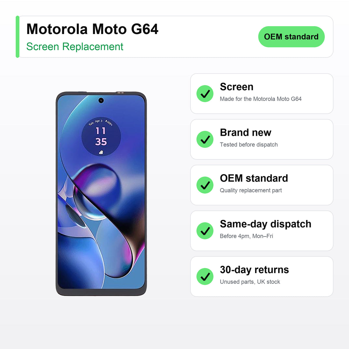 Motorola Moto G64 LCD Screen and Touch Digitiser Assembly Replacement key facts