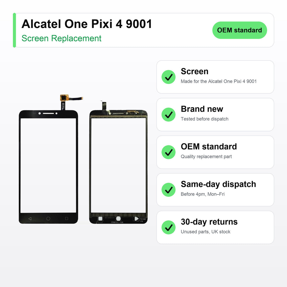 Alcatel One Pixi 4 9001 LCD Screen and Touch Digitiser Assembly Replacement key facts