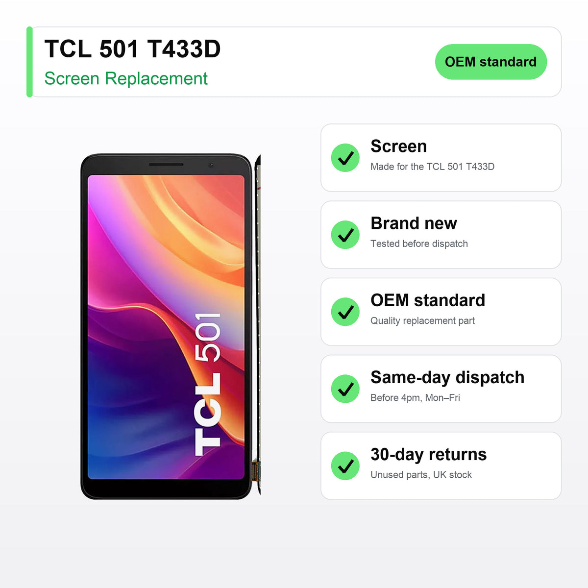 TCL 501 T433D LCD Screen and Touch Digitiser Assembly Replacement key facts