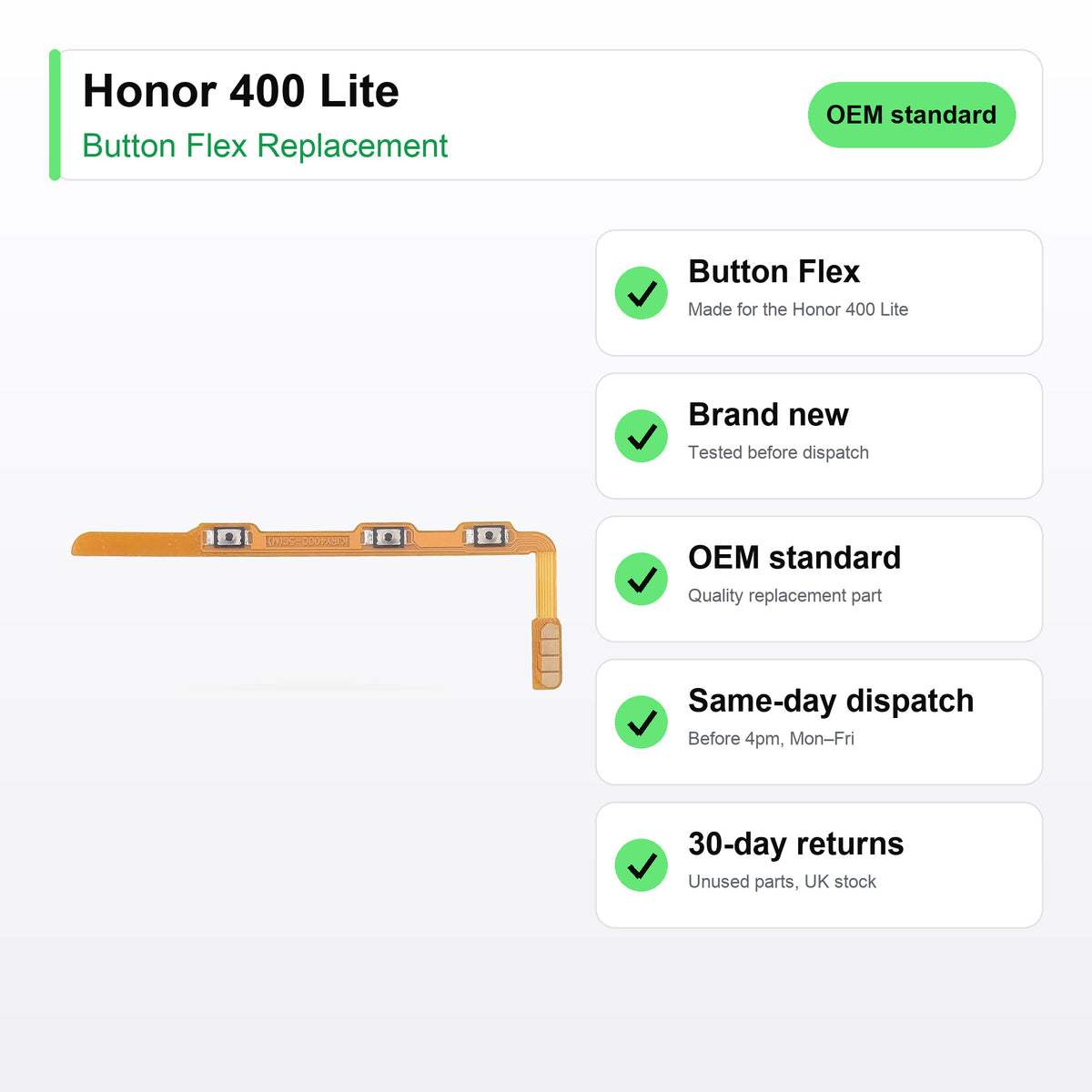 Honor 400 Lite Power and Volume Button Flex Cable Replacement key facts
