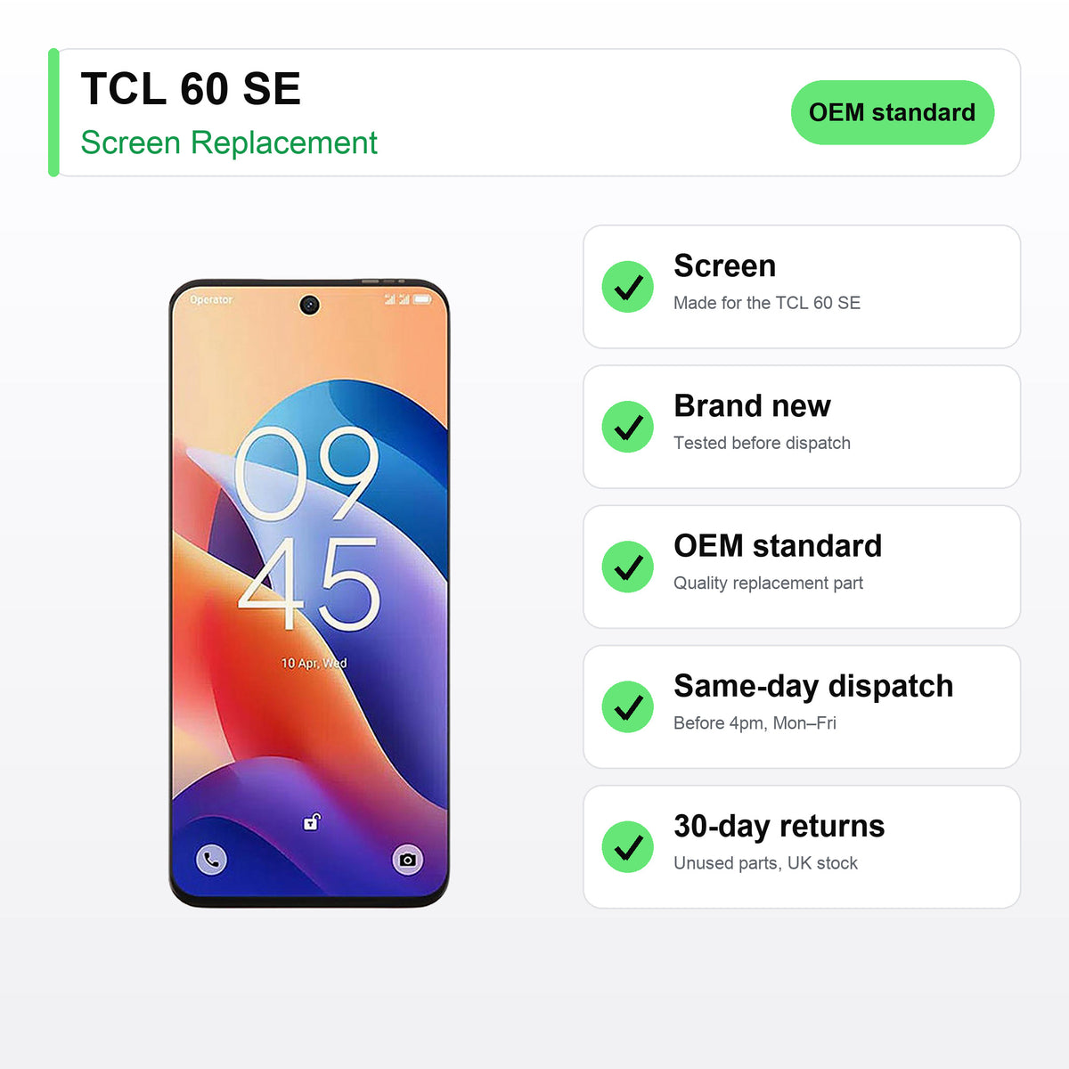 TCL 60 SE LCD Screen and Touch Digitiser Assembly Replacement key facts