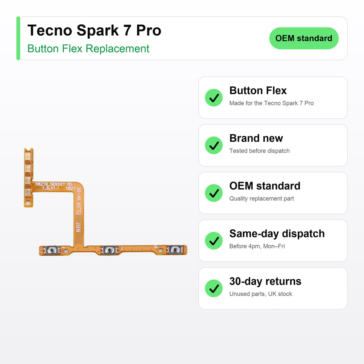 Tecno Spark 7 Pro Power and Volume Button Flex Cable Replacement key facts