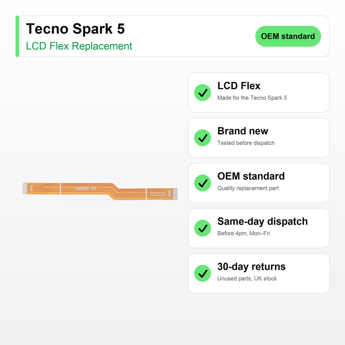 Tecno Spark 5 LCD Flex Cable Replacement key facts