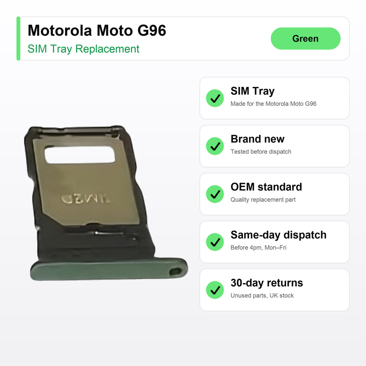 Motorola Moto G96 SIM Card Tray Holder Replacement (Green) key facts