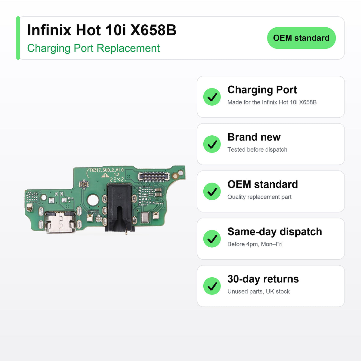 Infinix Hot 10i X658B charging port key facts: brand new, tested, same-day UK dispatch
