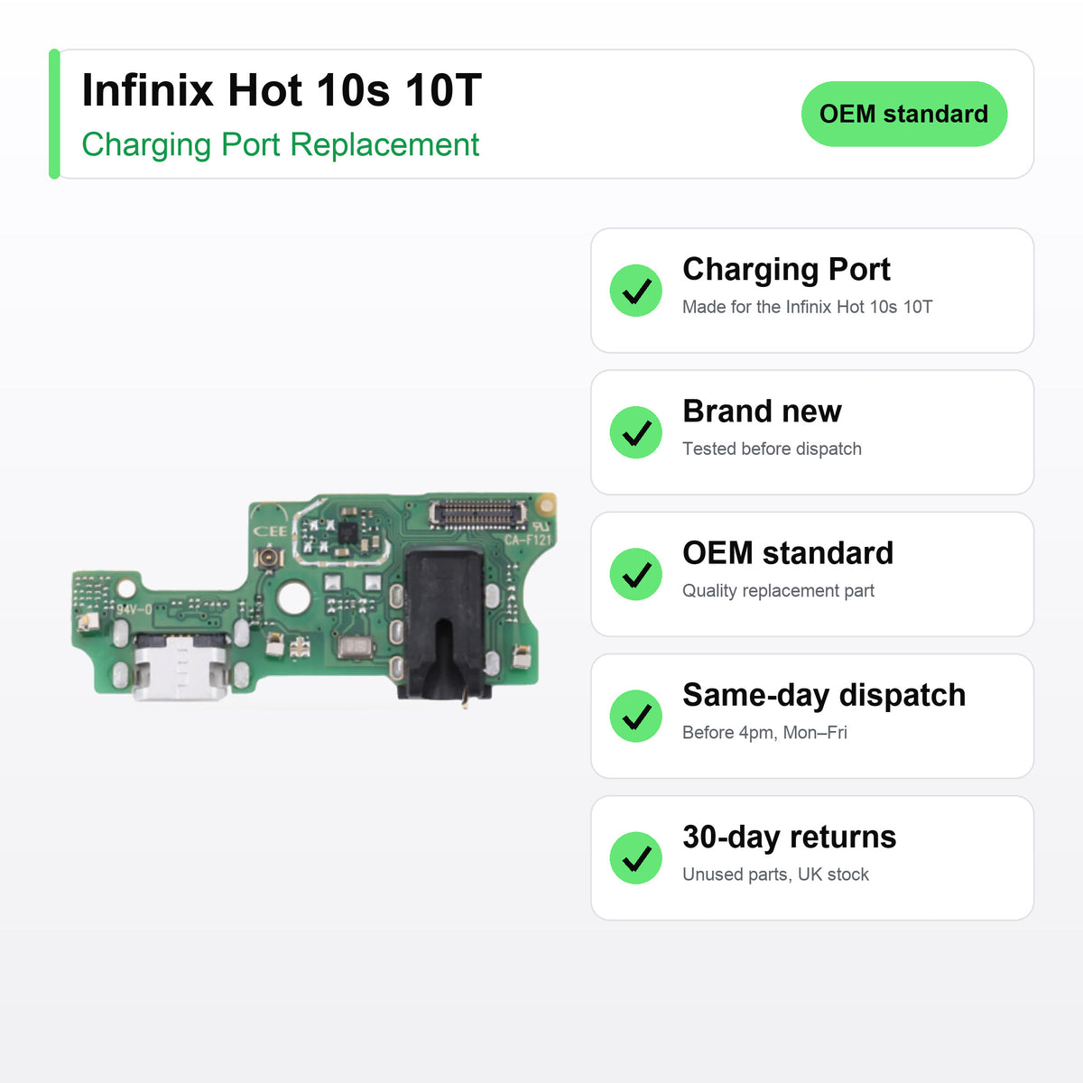 Infinix Hot 10s 10T charging port key facts: brand new, tested, same-day UK dispatch