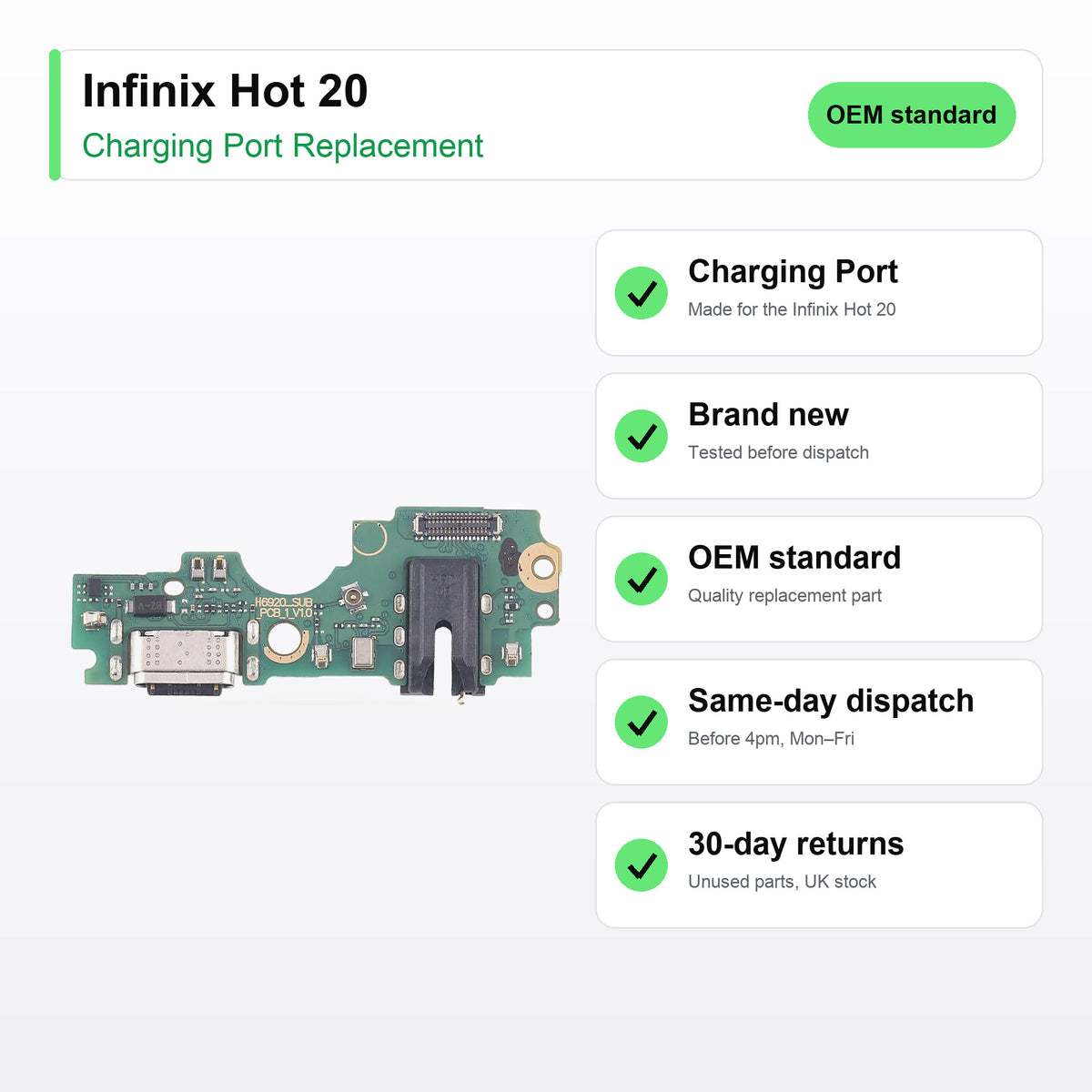 Infinix Hot 20 charging port key facts: brand new, tested, same-day UK dispatch