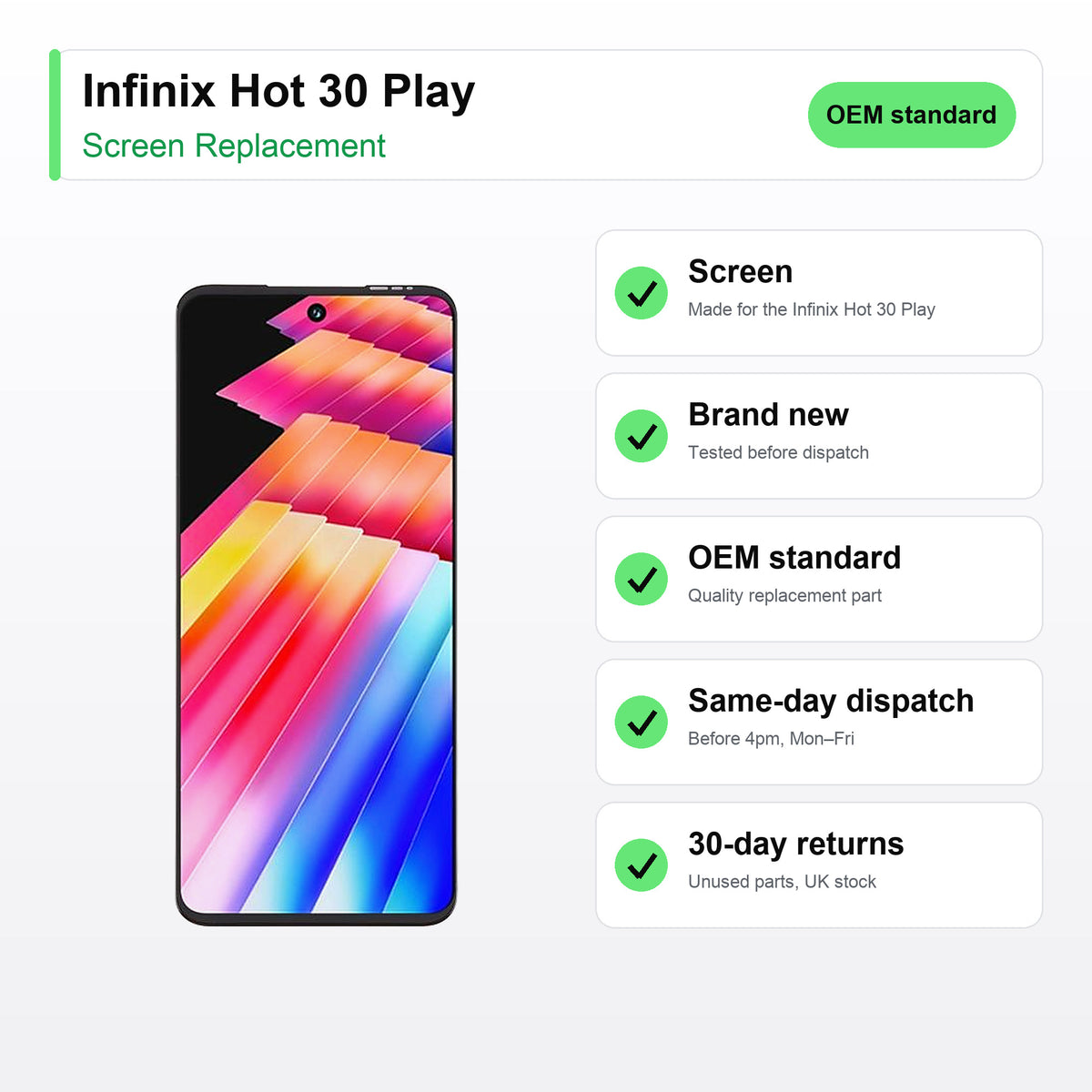 Infinix Hot 30 Play screen key facts: brand new, tested, same-day UK dispatch