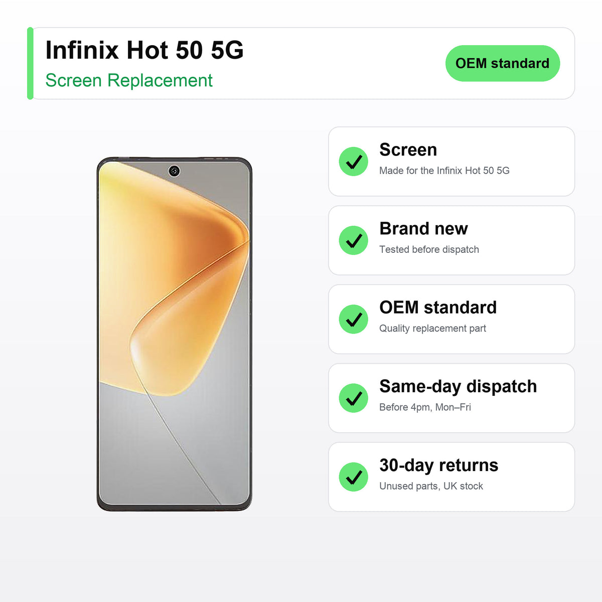 Infinix Hot 50 5G screen key facts: brand new, tested, same-day UK dispatch