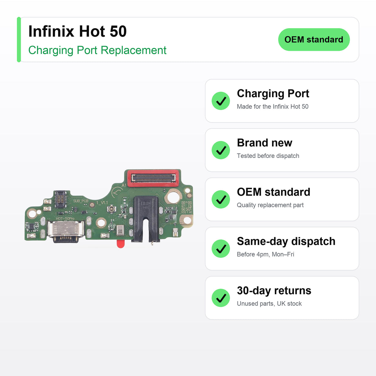 Infinix Hot 50 charging port key facts: brand new, tested, same-day UK dispatch