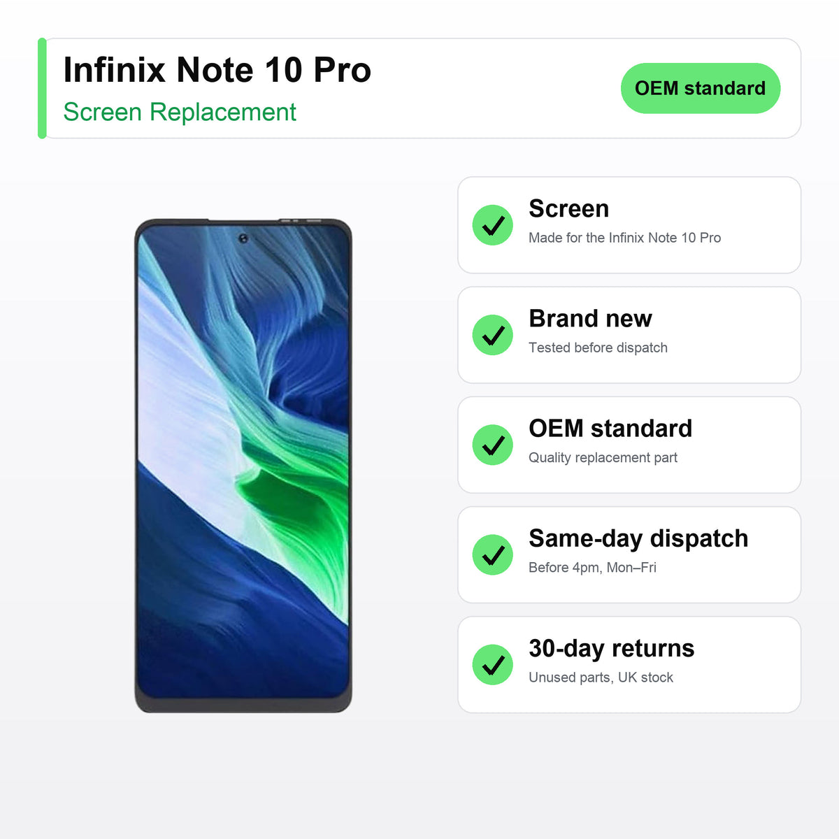 Infinix Note 10 Pro screen key facts: brand new, tested, same-day UK dispatch