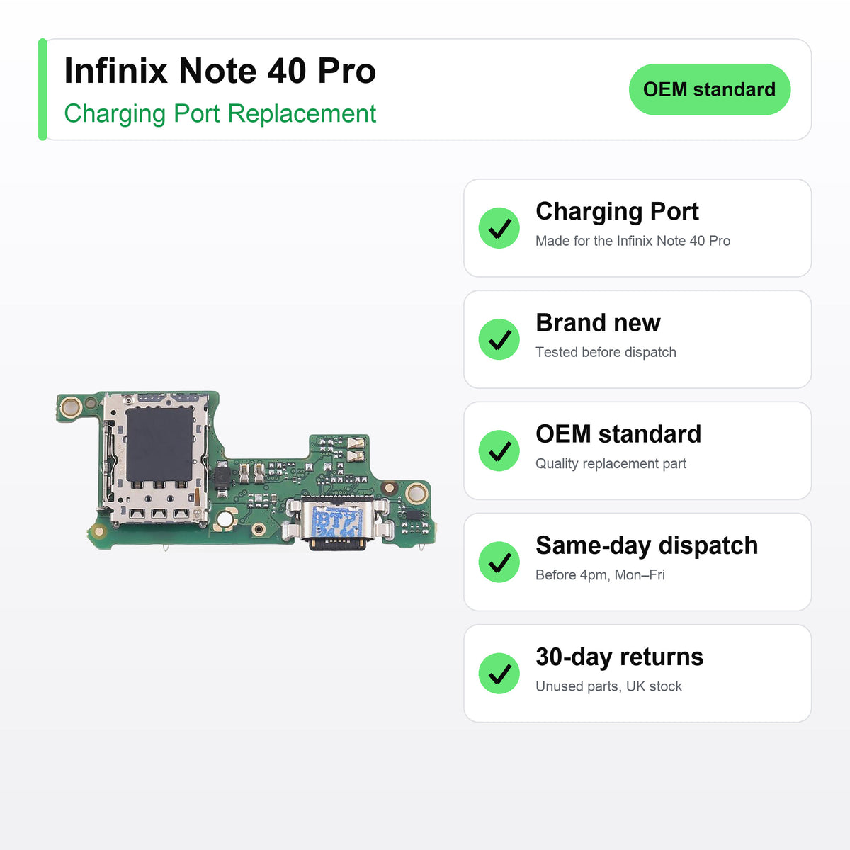 Infinix Note 40 Pro charging port key facts: brand new, tested, same-day UK dispatch