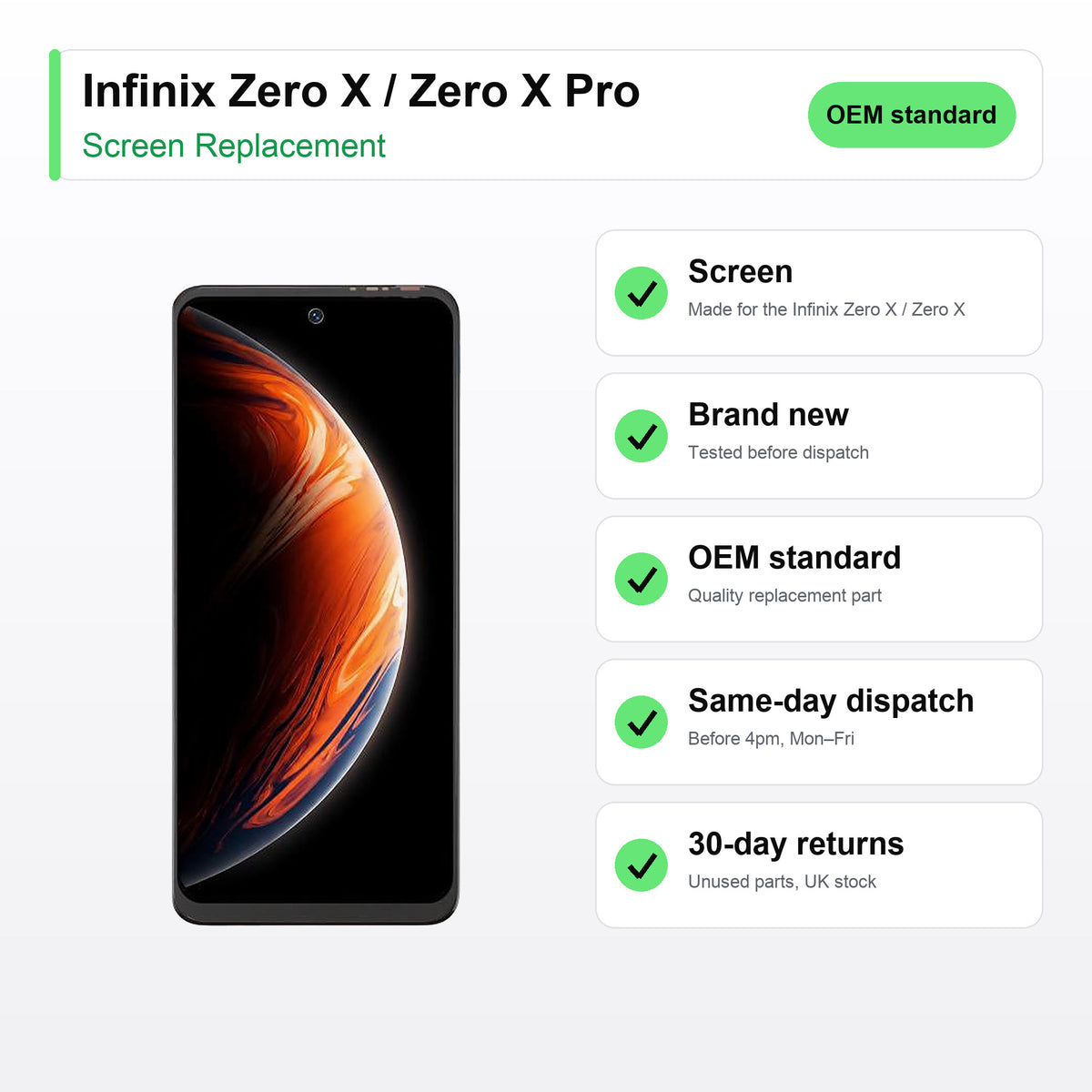 Infinix Zero X / Zero X Pro screen key facts: brand new, tested, same-day UK dispatch