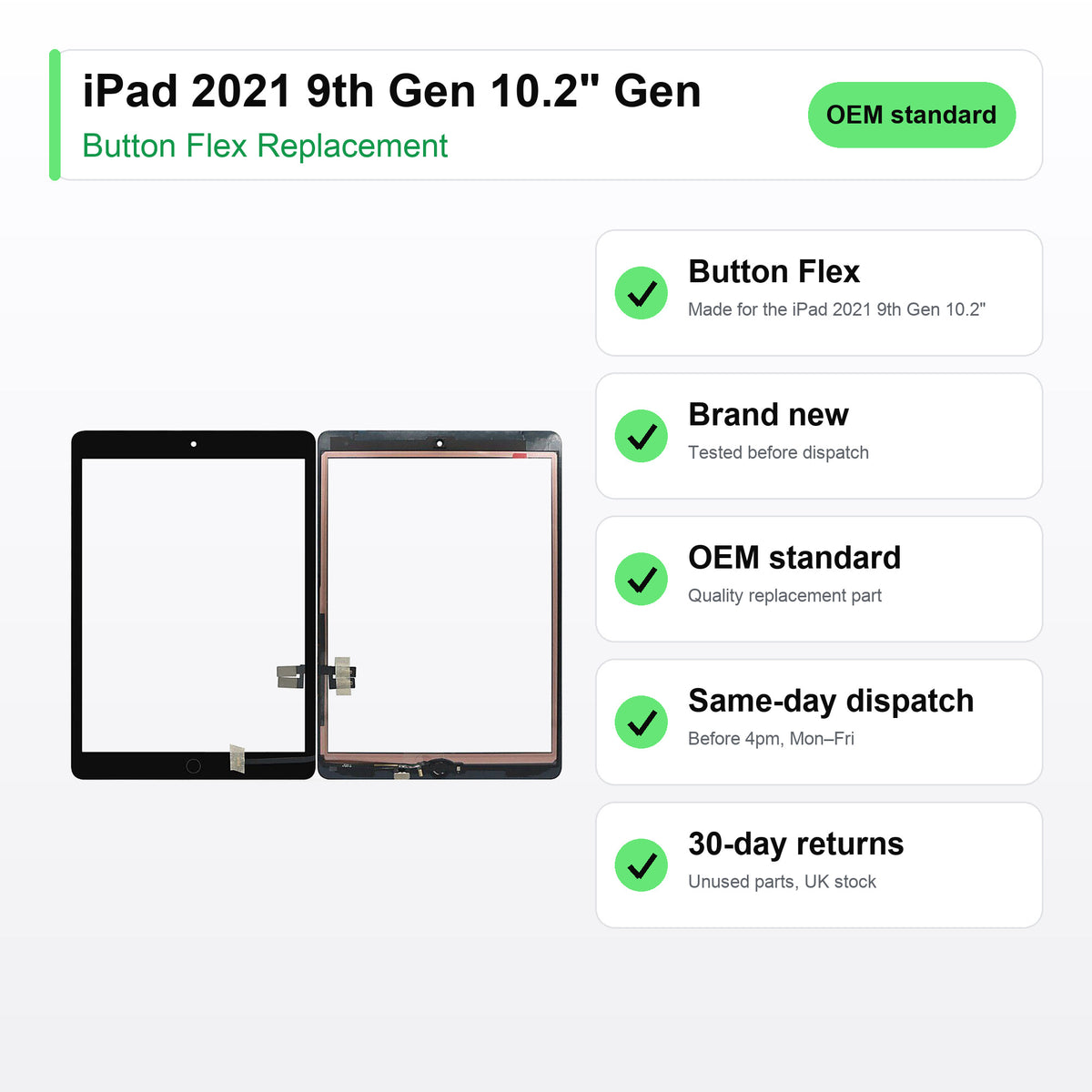 iPad 2021 9th Gen 10.2" Gen button flex key facts: brand new, tested, same-day UK dispatch