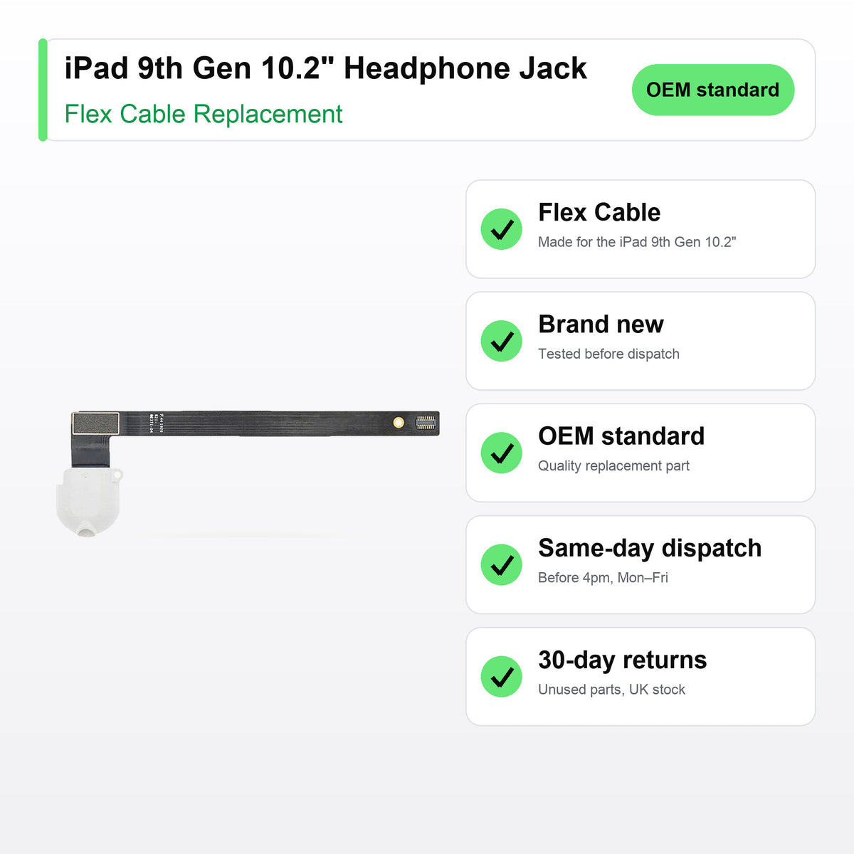 iPad 9th Gen 10.2" Headphone Jack flex cable key facts: brand new, tested, same-day UK dispatch