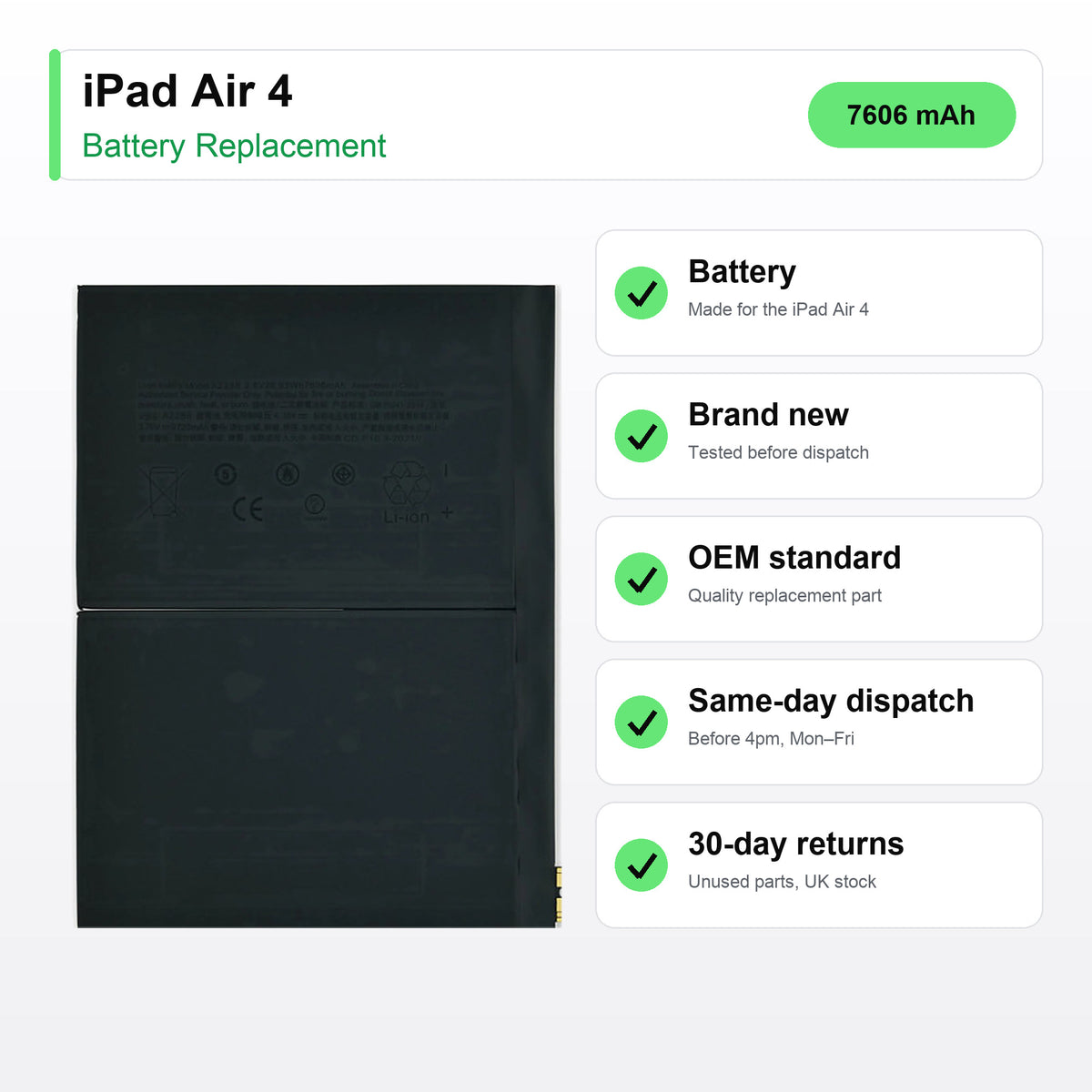 iPad Air 4 battery key facts: brand new, tested, same-day UK dispatch