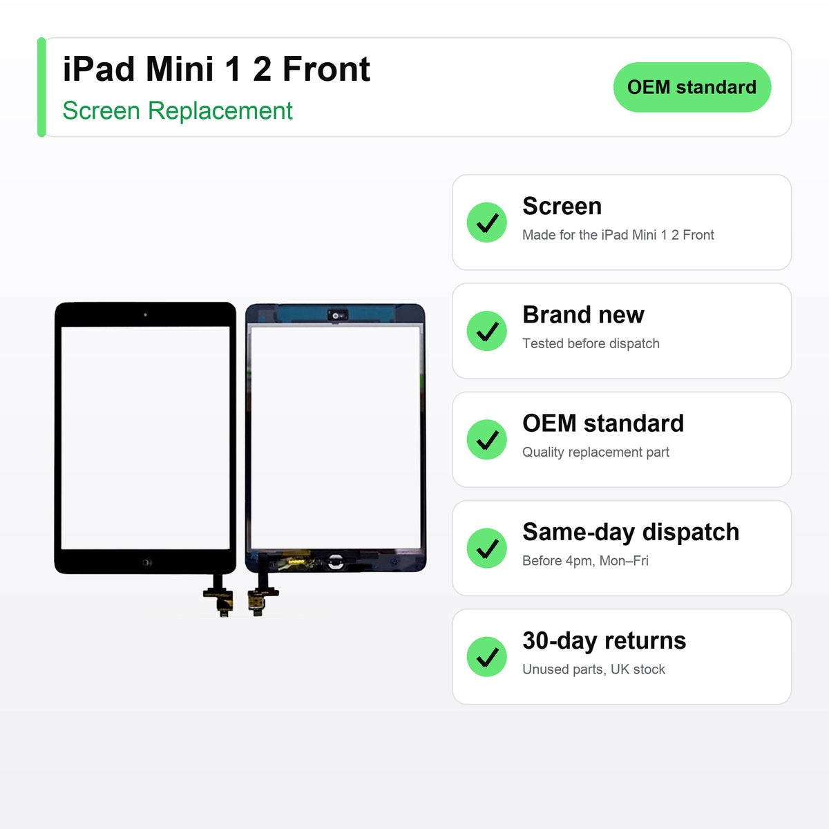 iPad Mini 1 2 Front screen key facts: brand new, tested, same-day UK dispatch