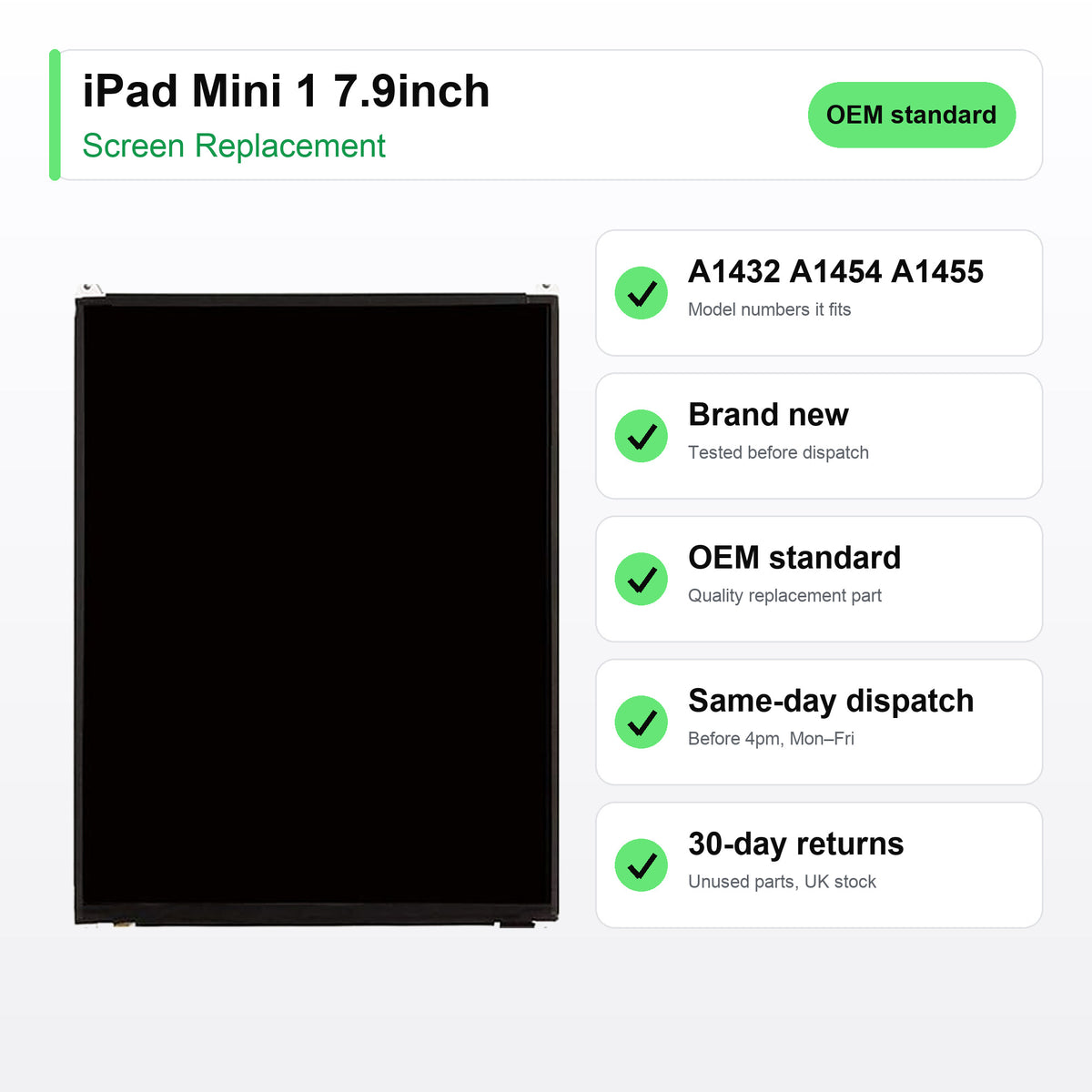 iPad Mini 1 7.9inch screen key facts: brand new, tested, same-day UK dispatch
