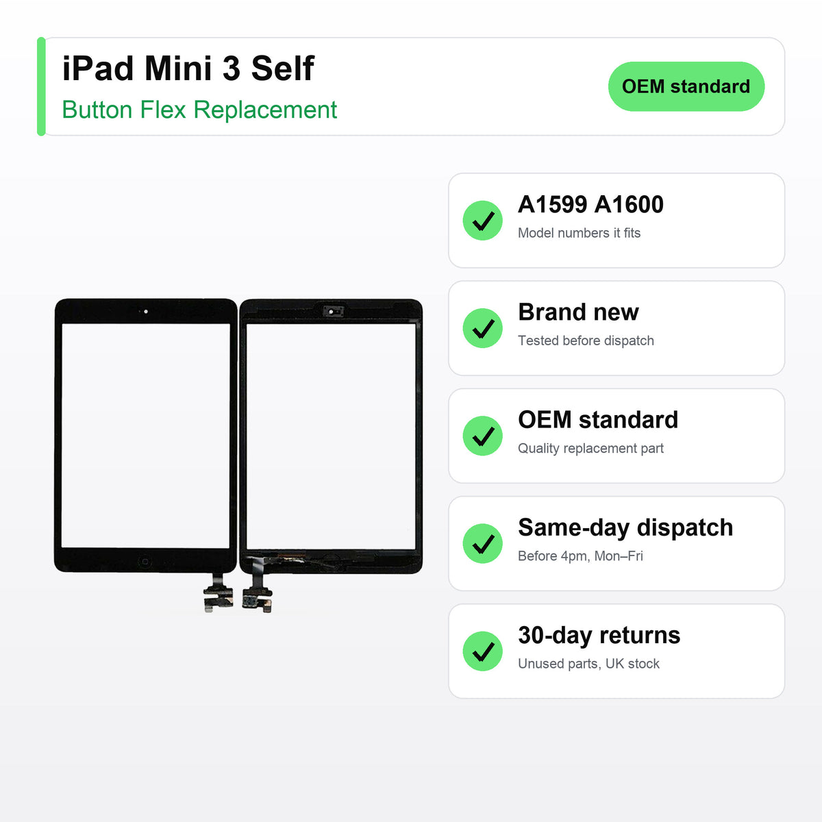 iPad Mini 3 Self button flex key facts: brand new, tested, same-day UK dispatch