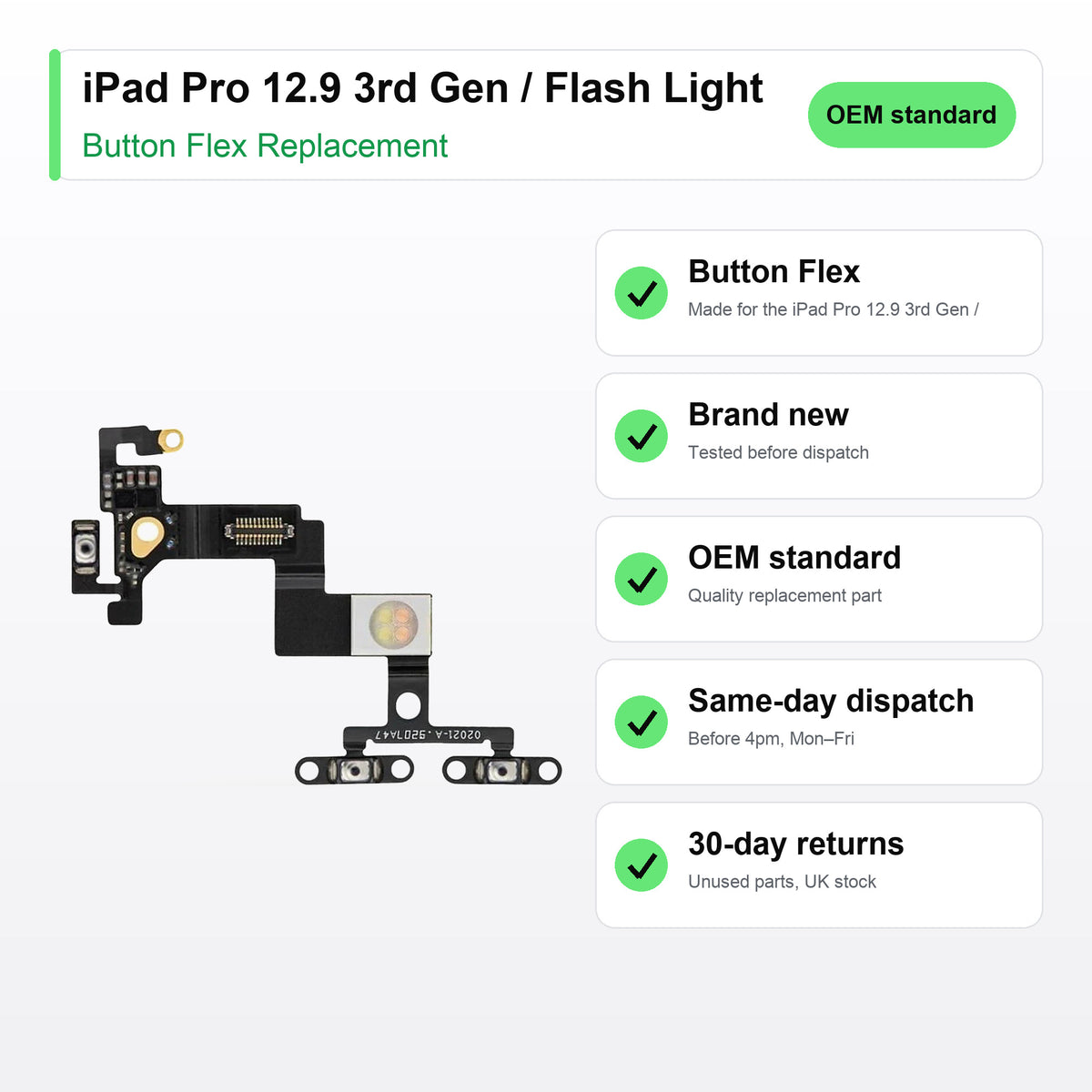 iPad Pro 12.9 3rd Gen / Flash Light button flex key facts: brand new, tested, same-day UK dispatch