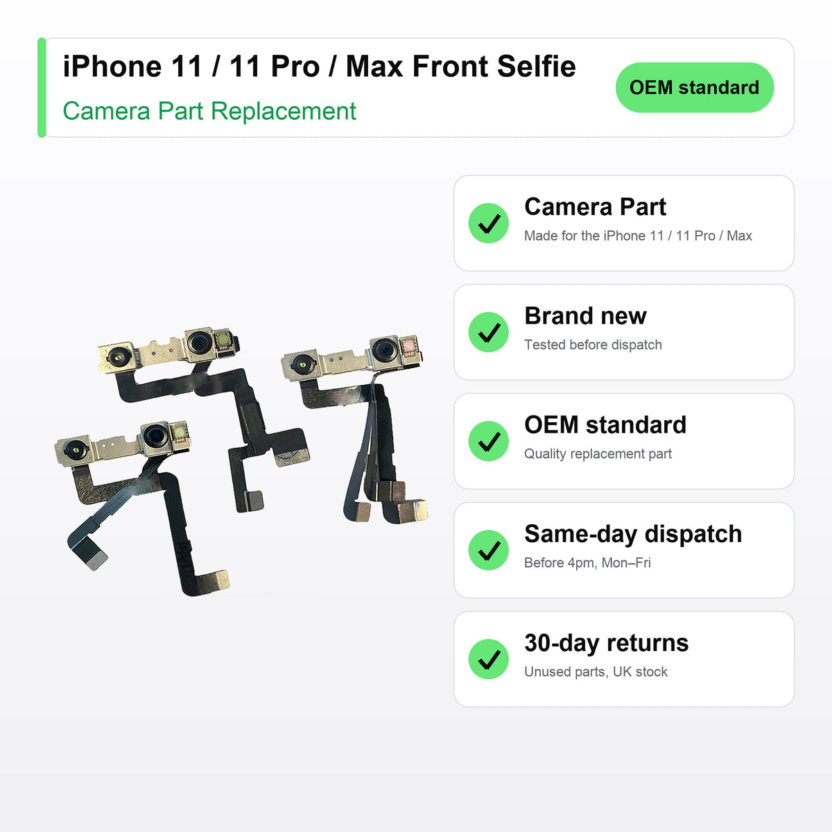 iPhone 11 / 11 Pro / Max Front Selfie Face ID camera lens key facts: brand new, tested, same-day UK dispatch