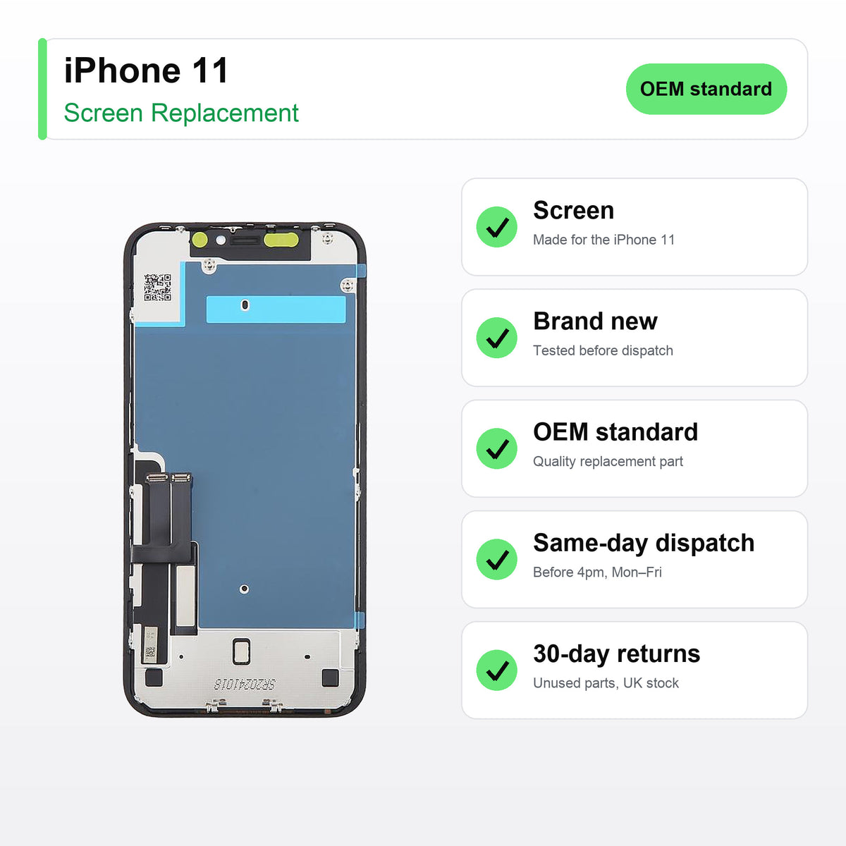 iPhone 11 screen key facts: brand new, tested, same-day UK dispatch